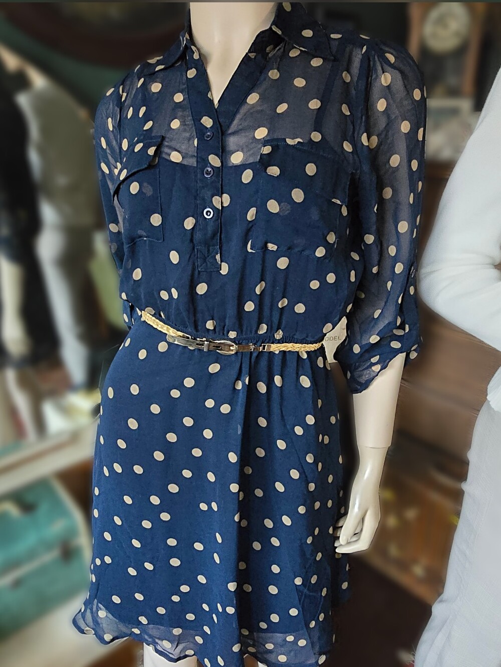 Rue 21 early 00's navy & tan polka dot roll sleeve shirt dress women's Med